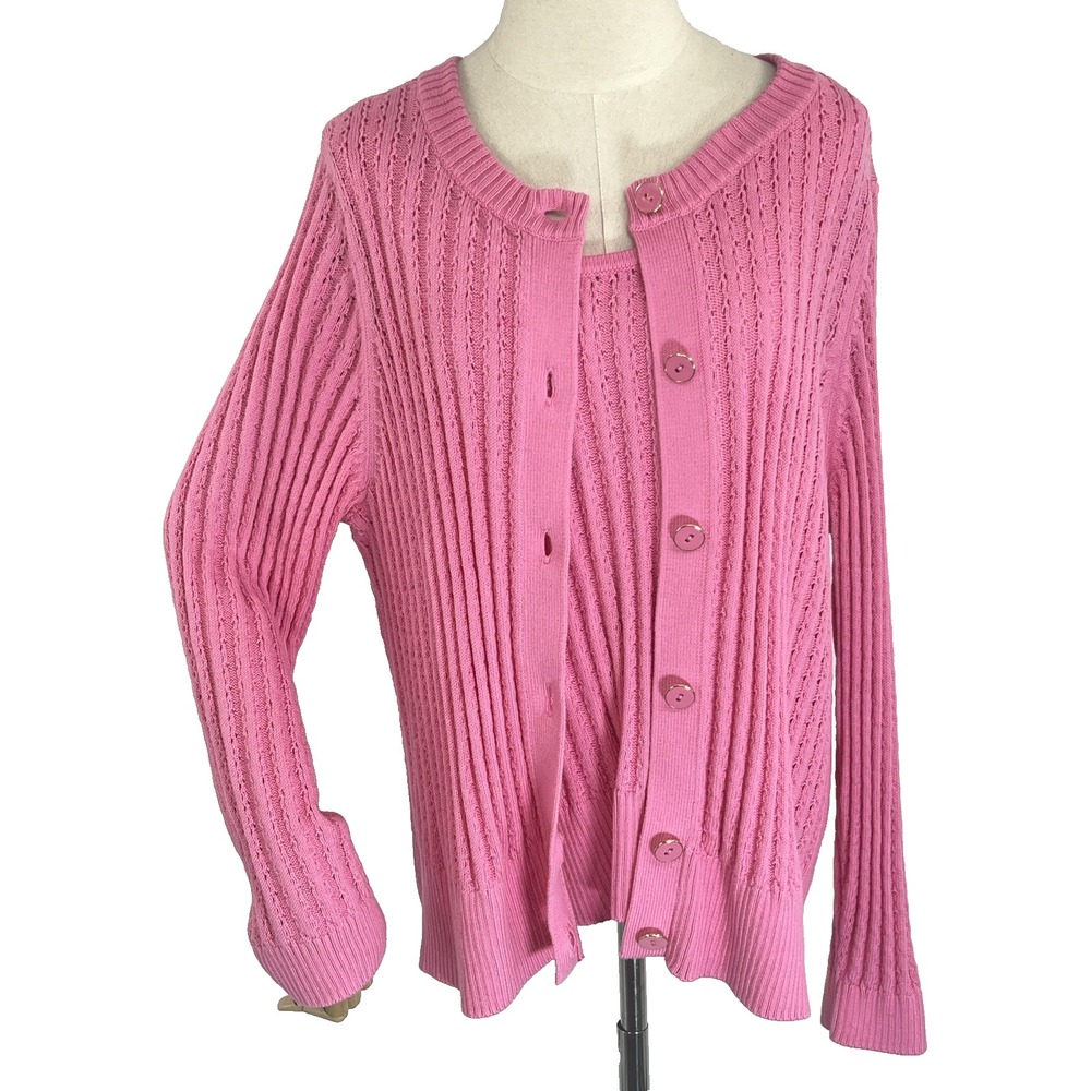 Talbots Womens Pink Tank Cardigan Sweater Set Size 2X Pointelle Knit Twinset